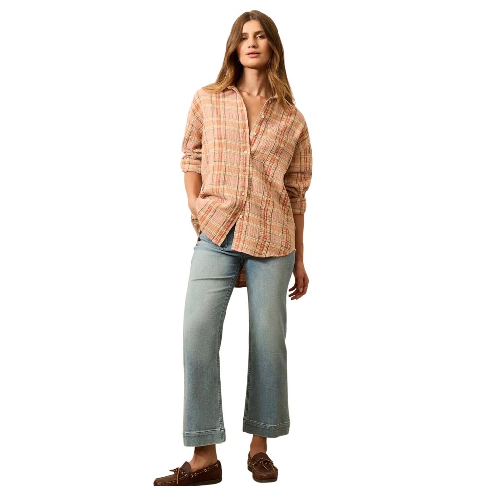 Faherty Womens Dune Cotton Gauze Relaxed Button Down Shirt SM Rose Plaid Organic